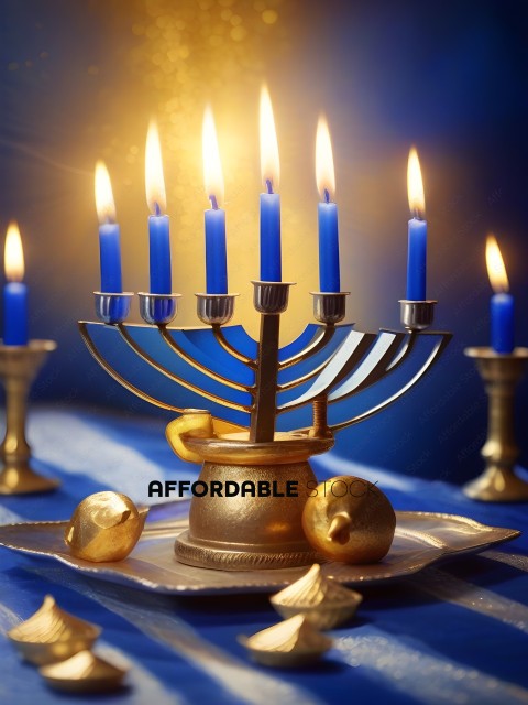 A gold menorah with blue candles