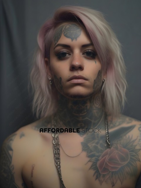 Tattooed Woman with Pink Hair and Rose Tattoo