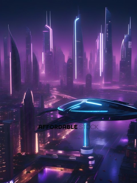 A futuristic cityscape with a blue flying object