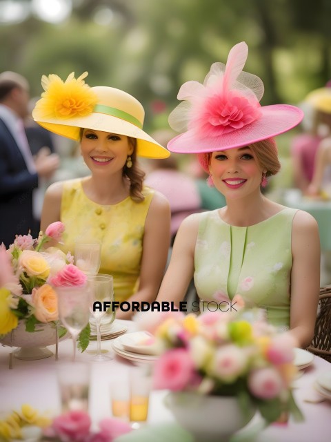 Two women in fancy hats and dresses are sitting at a table