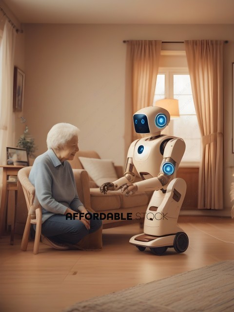 An elderly woman and a robot having a conversation in a living room