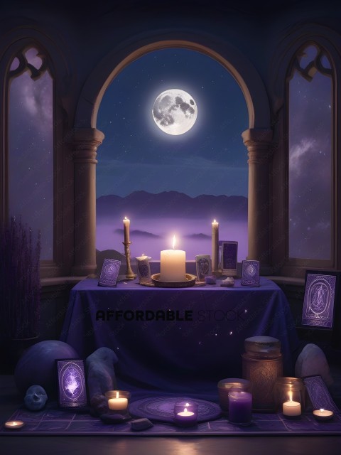 A table with a lit candle and a full moon in the background
