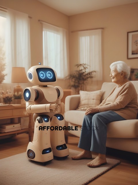 An elderly woman and a robot in a living room