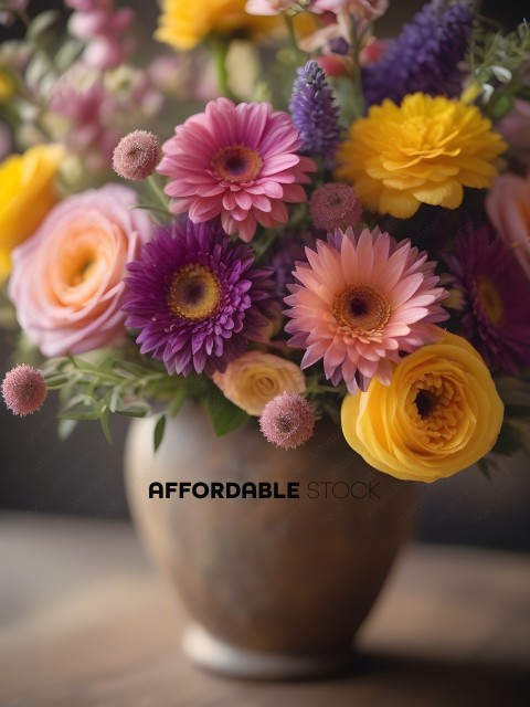 A vase of flowers with yellow, pink, and purple flowers