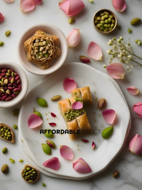 A plate of food with pink petals on it