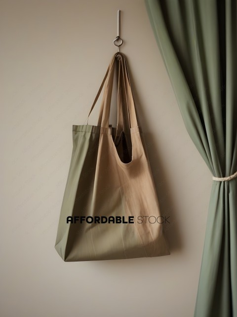 A tan canvas bag hanging from a hook