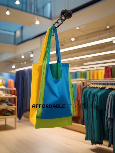 A blue and yellow bag hanging from a hook