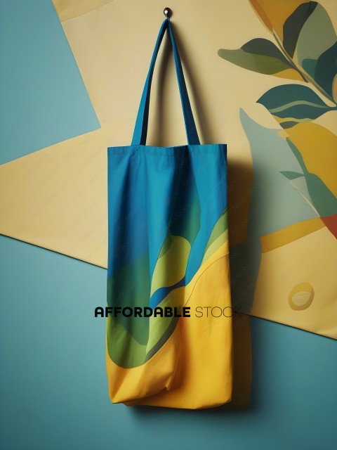 A blue and yellow tote bag hanging on a wall