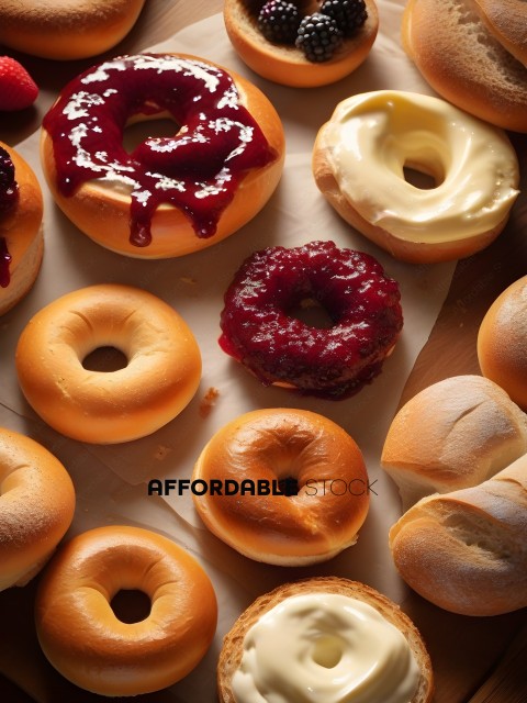 Various Donuts with Jams and Icing