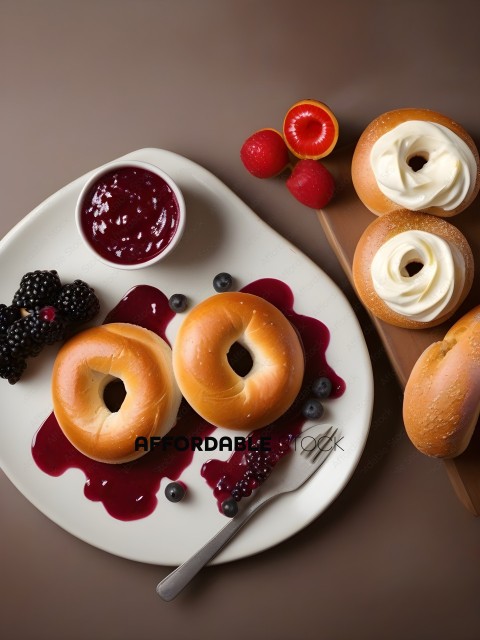 A plate of bagels with jelly and fruit