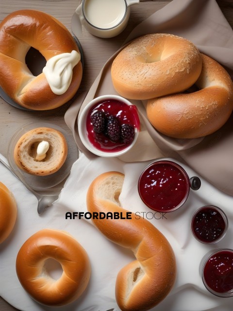 A variety of bagels and jams