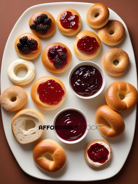 A variety of bagels and jelly