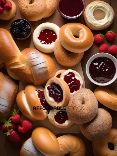 A variety of donuts with jelly and strawberries