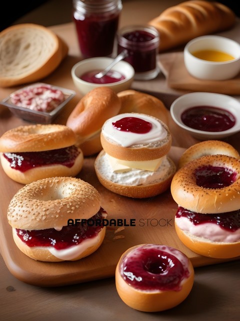 A variety of bagels and pastries with different toppings