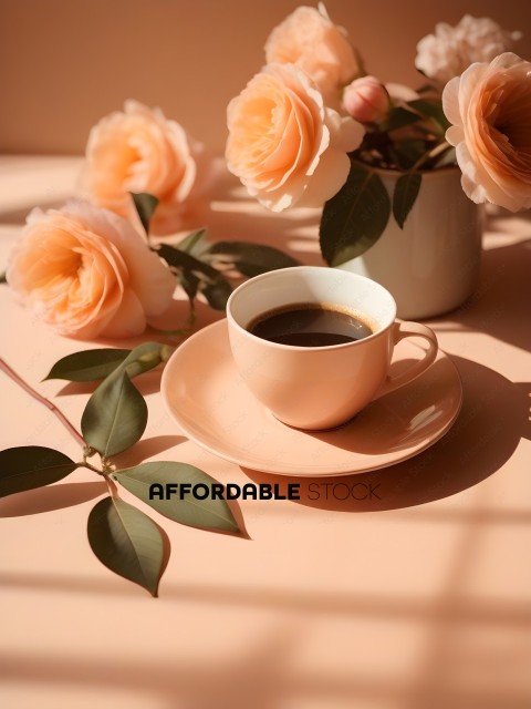 A cup of coffee with a flower in the background