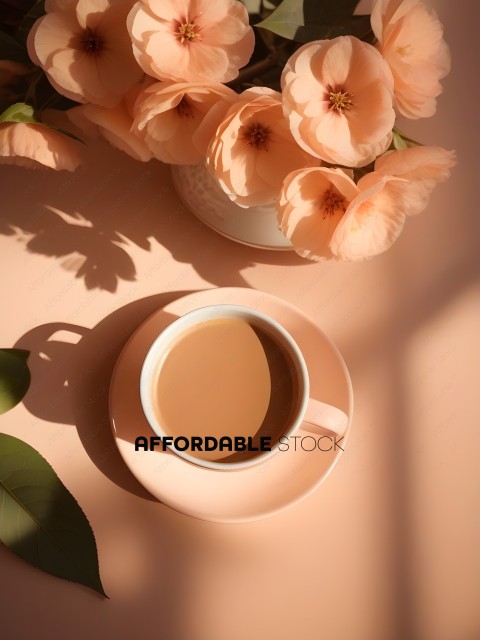 A cup of coffee on a table with flowers
