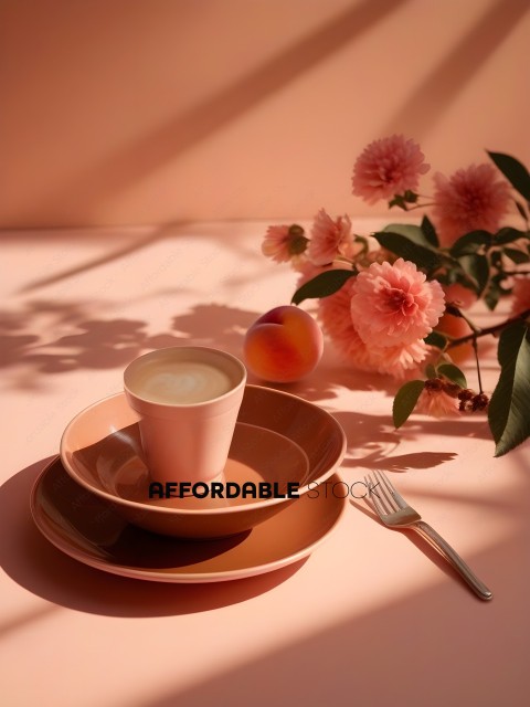 A Pink Table with a Cup of Coffee and Flower