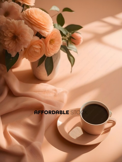 A cup of coffee on a pink tablecloth