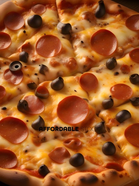 A close up of a pizza with olives and pepperoni