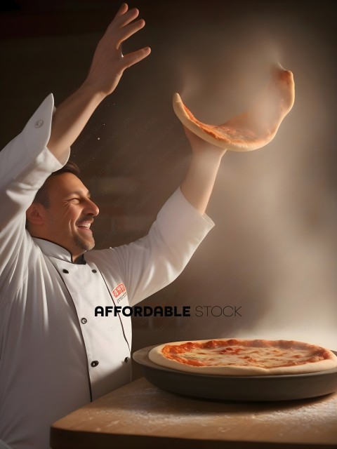 A chef is tossing a pizza in the air