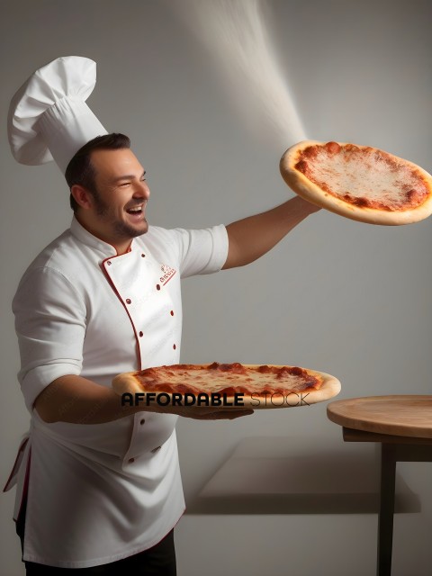 A chef holding two pizzas in the kitchen