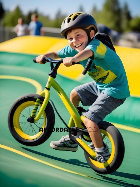 Boy on a bike on a green and yellow surface