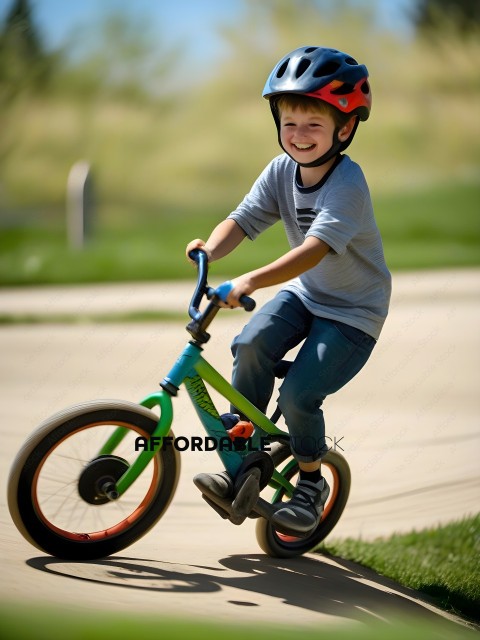 Boy Riding Bicycle with Helmet