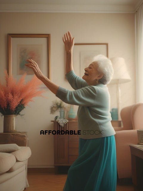 An elderly woman in a blue dress is dancing in her living room