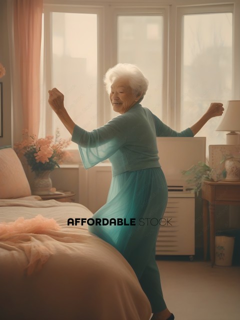 An elderly woman in a blue dress dances in her bedroom