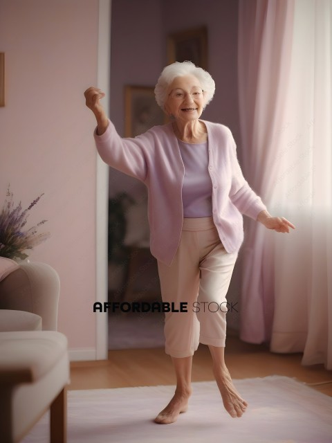 An elderly woman in a pink sweater and pink pants dances in a living room