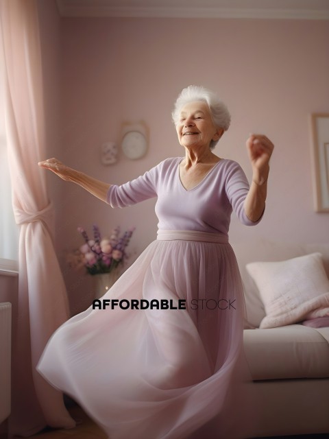 An elderly woman wearing a purple dress is dancing
