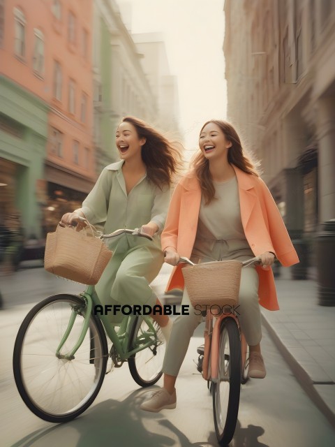 Two women riding bicycles on a city street
