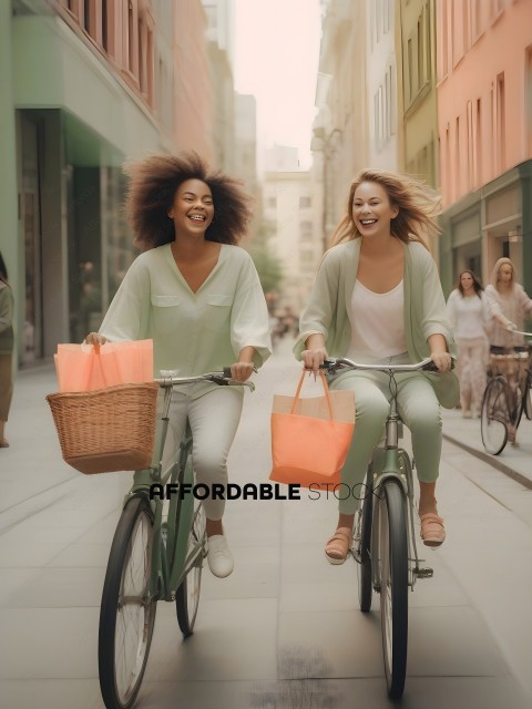 Two Women Riding Bikes with Baskets