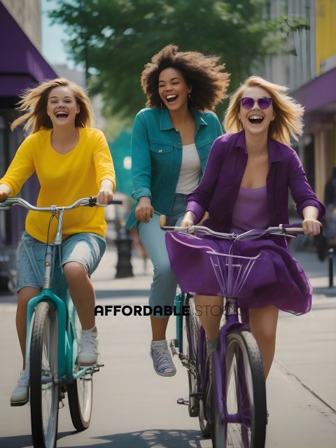 Three Women Riding Bikes on a Street