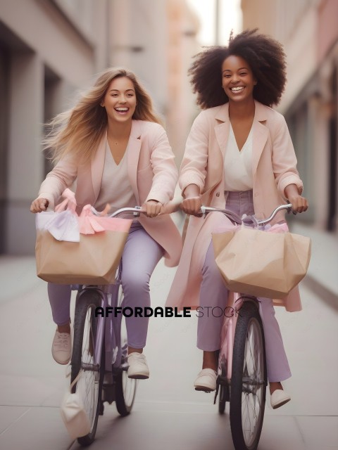 Two Women Riding Bikes with Bags
