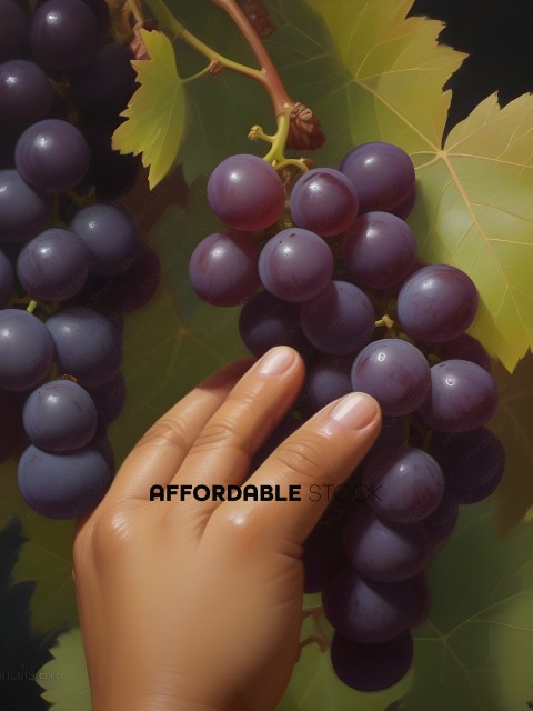 A person's hand is reaching for a bunch of grapes