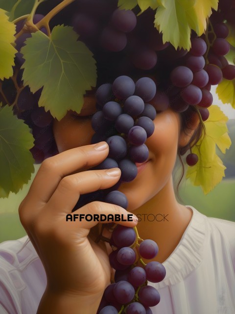 A woman with a vine leaf on her head and a bunch of grapes in her hand