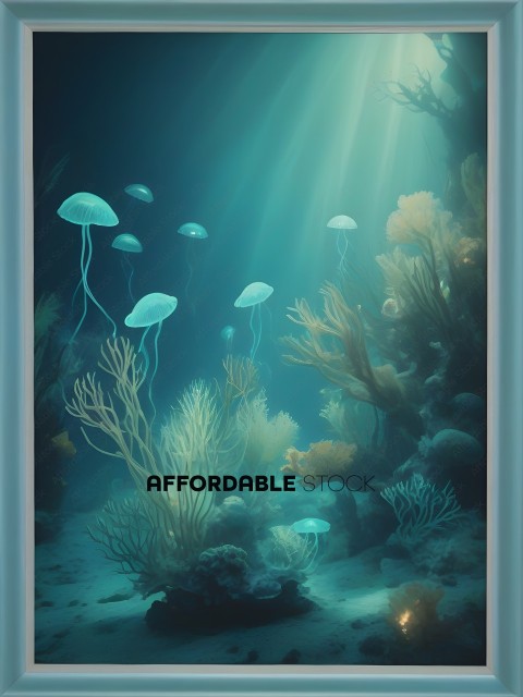 A painting of a sea floor with jellyfish and other sea creatures