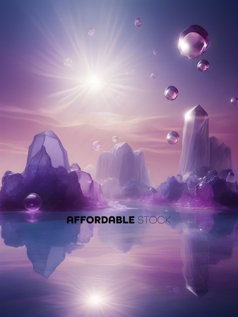 A beautiful scene of a lake with purple and pink bubbles floating on the surface