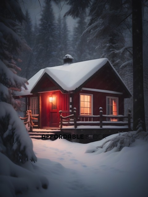 A cozy cabin in the woods covered in snow