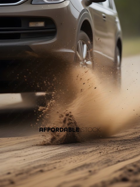 A car kicking up dirt on a road