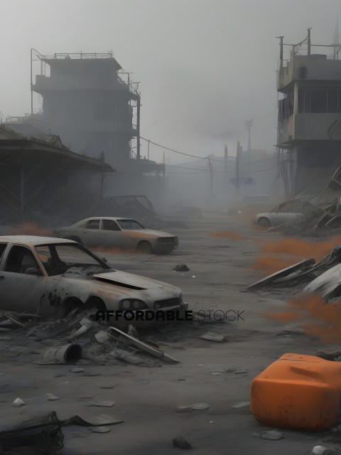 A city street with abandoned cars and a building in the background