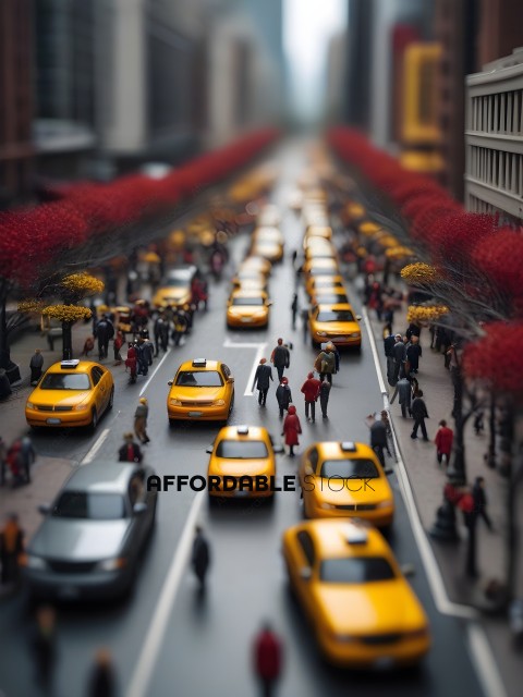 A busy street filled with yellow taxis and people