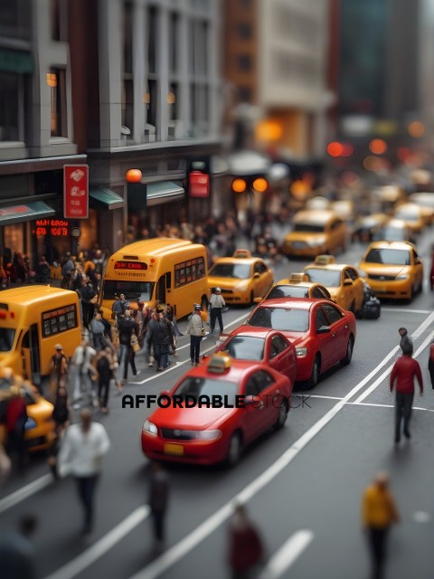 A busy city street with yellow taxis and pedestrians