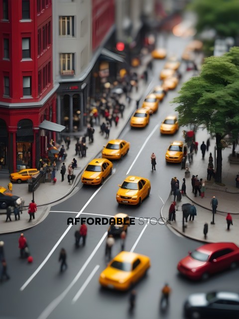 A busy city street with yellow taxis and people