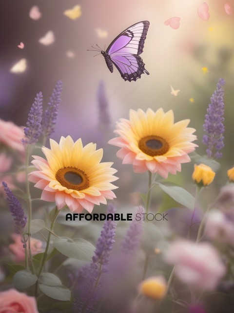 A butterfly flies over a field of flowers