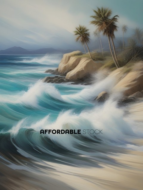 A painting of a rocky coastline with waves crashing