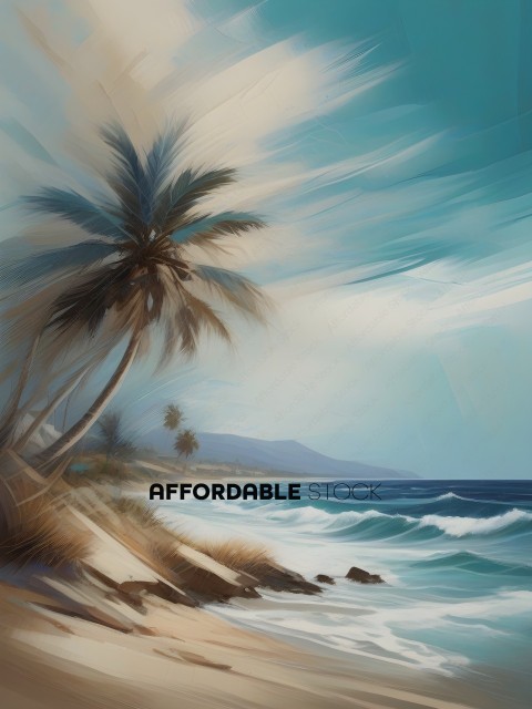 A painting of a beach with a palm tree and ocean waves