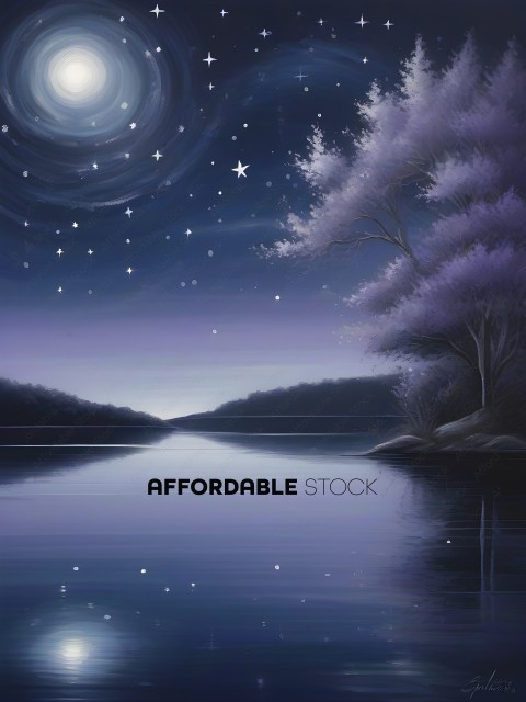 A night scene of a lake with a starry sky and a tree