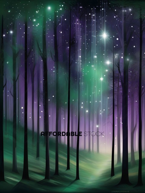 A forest at night with a green sky and stars